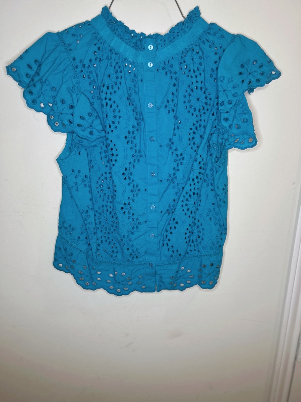Women’s Eyelet Button-Front Blouse in Teal Blue
